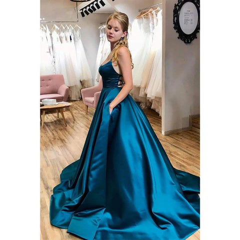 A-line Chic Scoop Criss Cross Straps Long Simple Prom Dress with Pockets