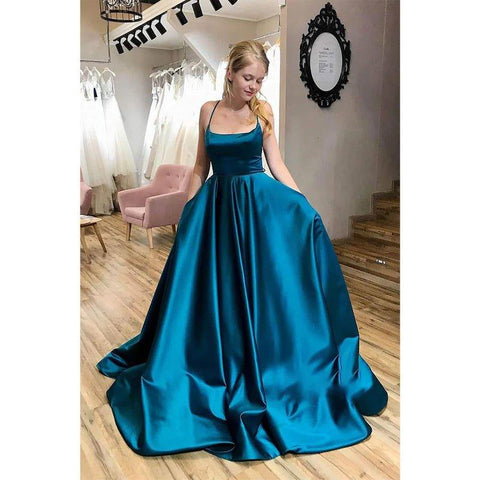 A-line Chic Scoop Criss Cross Straps Long Simple Prom Dress with Pockets