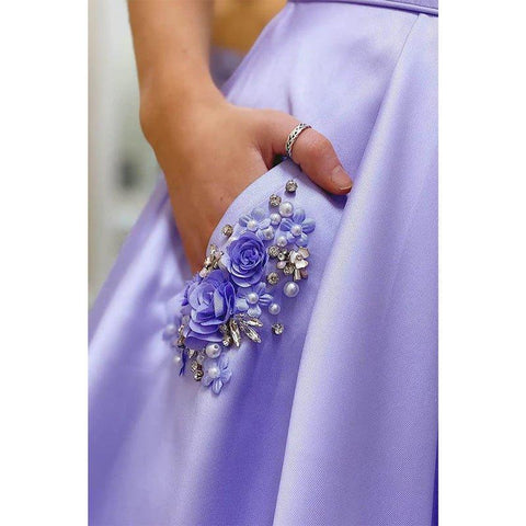 A-line Chic Scoop Spaghetti Straps Lavender Satin Long Prom Dress with Pockets