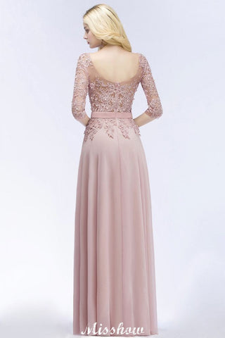 A-line Chiffon Appliques Bridesmaid Dresses Jewel Half-Sleeves Floor-Length Evening Gown with Sash