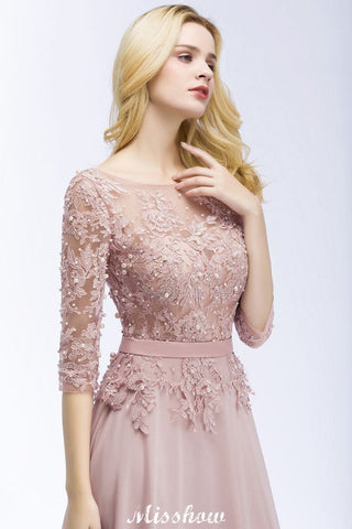 A-line Chiffon Appliques Bridesmaid Dresses Jewel Half-Sleeves Floor-Length Evening Gown with Sash