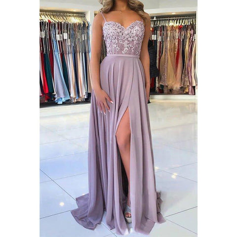 A-line Chiffon Appliques Spaghetti Straps High Split Long Formal Evening Dress