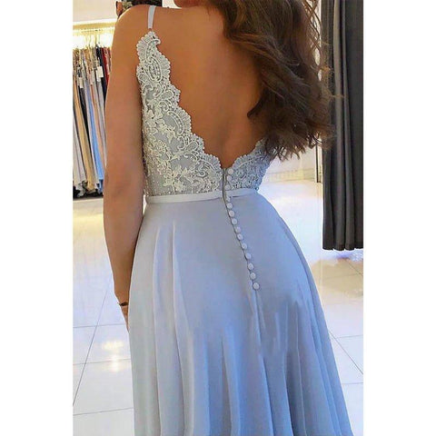 A-line Chiffon Appliques Spaghetti Straps High Split Long Formal Evening Dress
