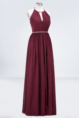 A-line Chiffon Halter Sleeveless Floor-Length Bridesmaid Dress with Beading Sash