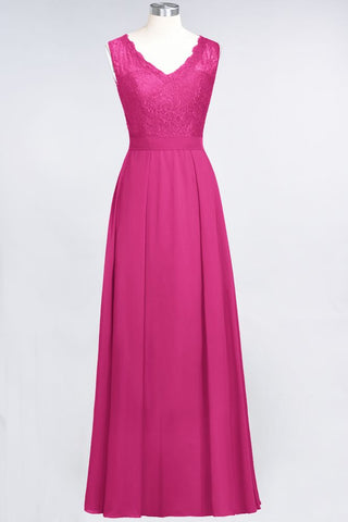 A-Line Chiffon Lace V-Neck Sleeveless Floor-Length Bridesmaid Dresses with Ruffles