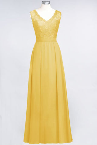 A-Line Chiffon Lace V-Neck Sleeveless Floor-Length Bridesmaid Dresses with Ruffles