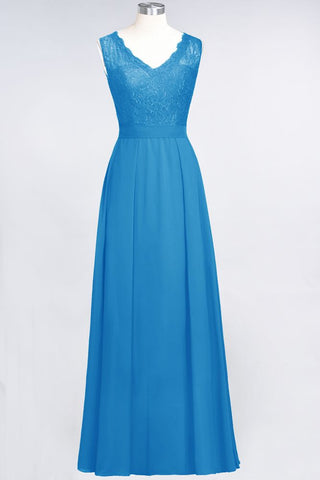 A-Line Chiffon Lace V-Neck Sleeveless Floor-Length Bridesmaid Dresses with Ruffles