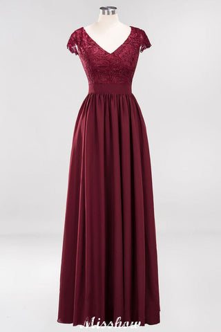 A-line Chiffon Lace V-Neck Sleeveless Floor-Length Bridesmaid Dresses with Ruffles