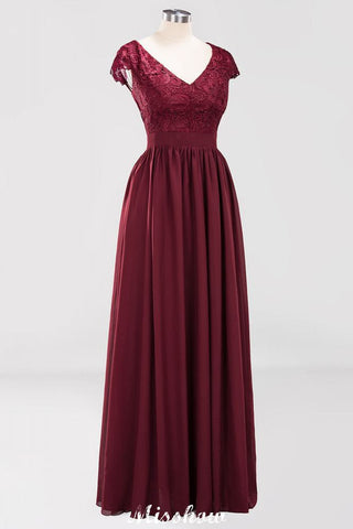 A-line Chiffon Lace V-Neck Sleeveless Floor-Length Bridesmaid Dresses with Ruffles