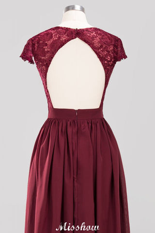 A-line Chiffon Lace V-Neck Sleeveless Floor-Length Bridesmaid Dresses with Ruffles