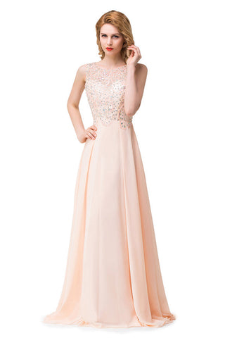 A-line Chiffon Sequins Crew Sweep-length Prom Dresses