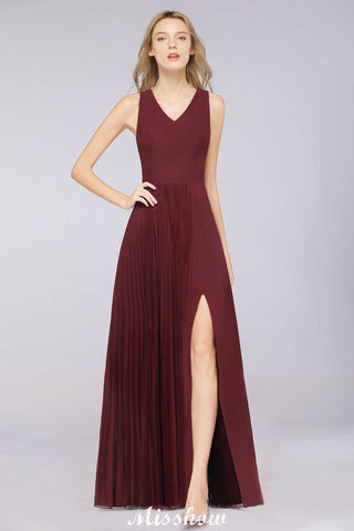 A-Line Chiffon V-Neck Sleeveless Bridesmaid Dress Floor-Length Ruffles Side Split Evening Gown