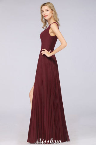 A-Line Chiffon V-Neck Sleeveless Bridesmaid Dress Floor-Length Ruffles Side Split Evening Gown
