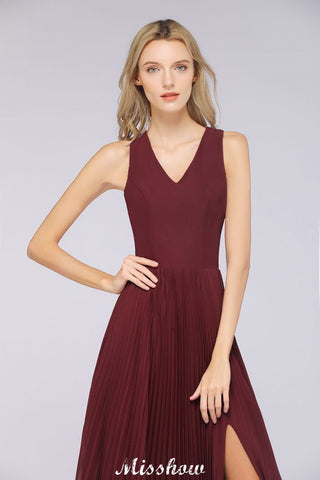 A-Line Chiffon V-Neck Sleeveless Bridesmaid Dress Floor-Length Ruffles Side Split Evening Gown