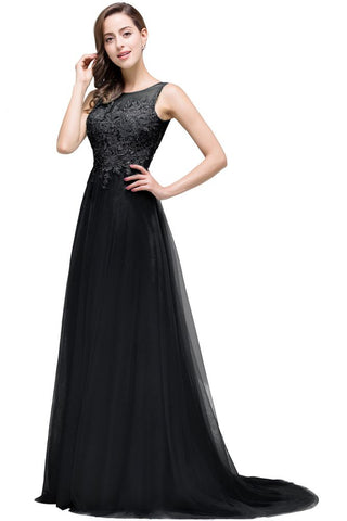 A-line Court Train Tulle Evening Dress with Appliques