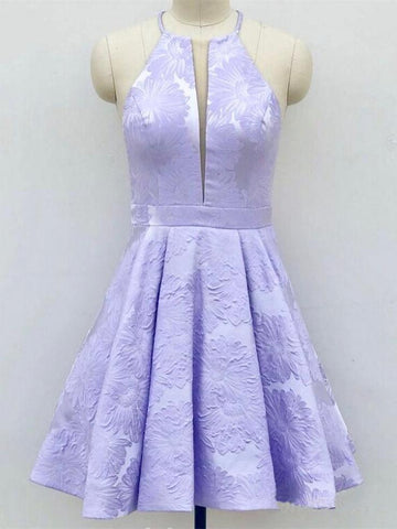 A-Line Crew Above-Knee Lilac Satin Homecoming Dress with Pockets  PD271