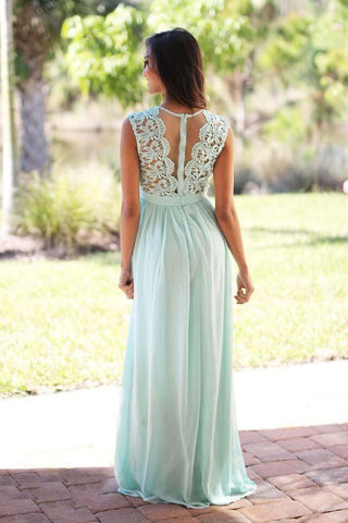 A-Line Crew Floor-Length Mint Chiffon Bridesmaid Dress with Lace BD039