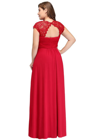 A-Line Crew Floor length Plus size Cap sleeves Lace Chiffon Evening Dresses with Appliques