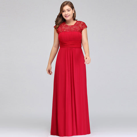 A-Line Crew Floor length Plus size Cap sleeves Lace Chiffon Evening Dresses with Appliques