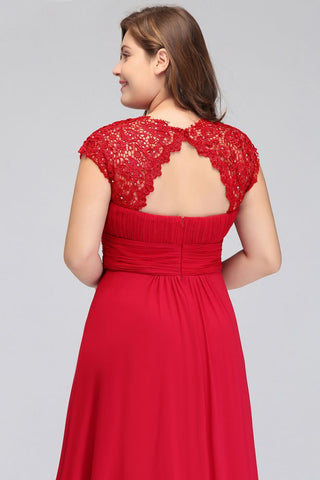 A-Line Crew Floor length Plus size Cap sleeves Lace Chiffon Evening Dresses with Appliques