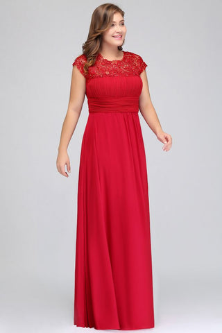A-Line Crew Floor length Plus size Cap sleeves Lace Chiffon Evening Dresses with Appliques