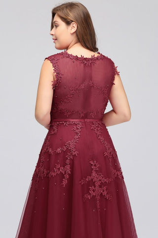 A-Line Crew Floor Length Sleeveless Plus size Tulle Appliqued Evening Dresses with Crystals