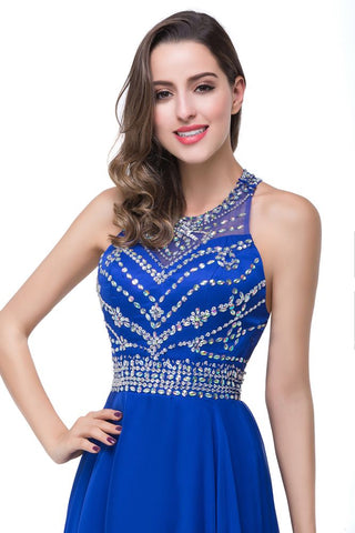 A-line Crew Floor-length Sleeveless Tulle Prom Dresses with Crystal Beads