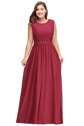 A-Line Crew Long Plus size Sleeveless Lace Chiffon Evening Dresses with Sash