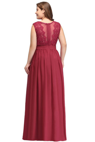 A-Line Crew Long Plus size Sleeveless Lace Chiffon Evening Dresses with Sash