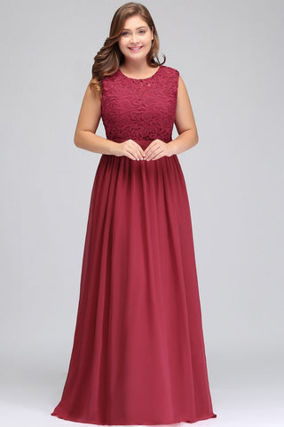 A-Line Crew Long Plus size Sleeveless Lace Chiffon Evening Dresses with Sash