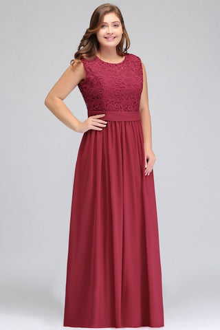 A-Line Crew Long Plus size Sleeveless Lace Chiffon Evening Dresses with Sash