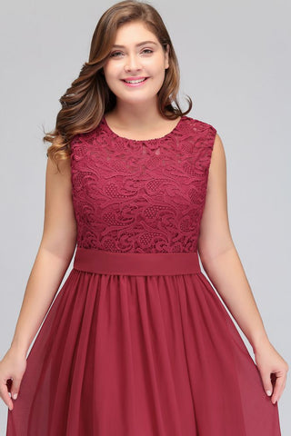 A-Line Crew Long Plus size Sleeveless Lace Chiffon Evening Dresses with Sash