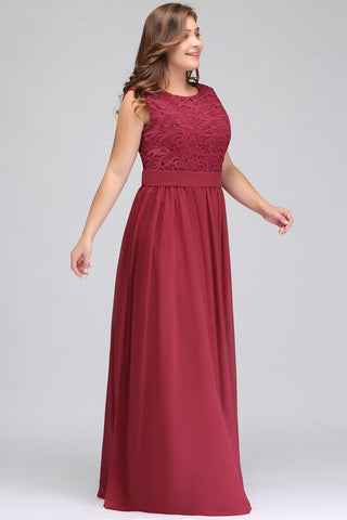 A-Line Crew Long Plus size Sleeveless Lace Chiffon Evening Dresses with Sash