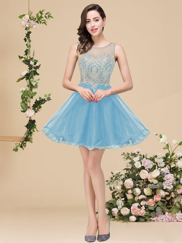 A-line Crew Short Sleeveless Appliques Prom Dresses