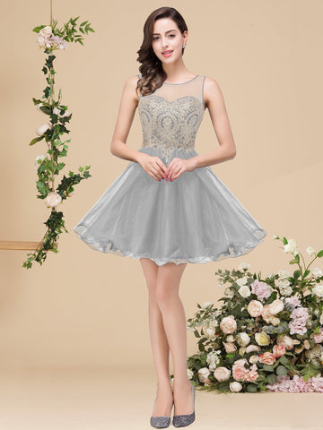 A-line Crew Short Sleeveless Appliques Prom Dresses