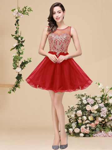 A-line Crew Short Sleeveless Appliques Prom Dresses