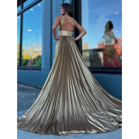A-line Cross Straps Sweep Train Champagne Long Prom Dress Evening Gown