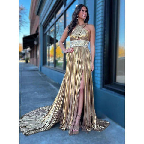 A-line Cross Straps Sweep Train Champagne Long Prom Dress Evening Gown