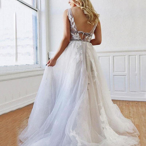 A Line Deep V-Neck Backless White Wedding Dress With Appliques  WD446