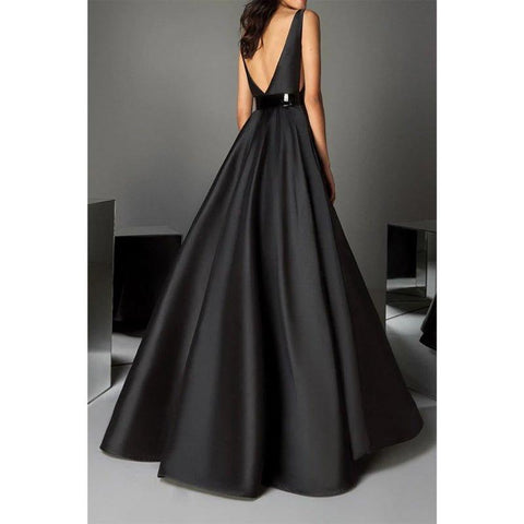A Line Deep V Neck Belt Black Long Formal Evening Gowns with Pockets