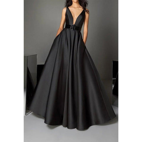 A Line Deep V Neck Belt Black Long Formal Evening Gowns with Pockets
