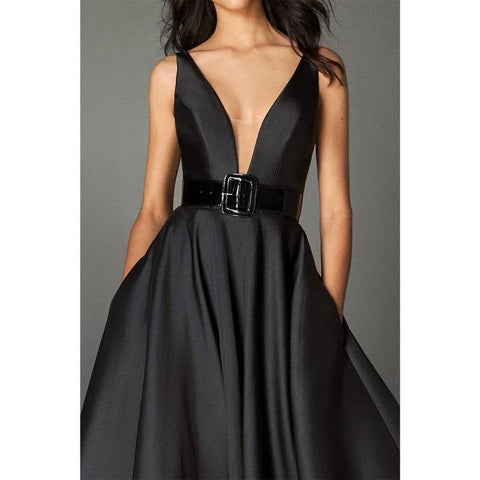 A Line Deep V Neck Belt Black Long Formal Evening Gowns with Pockets