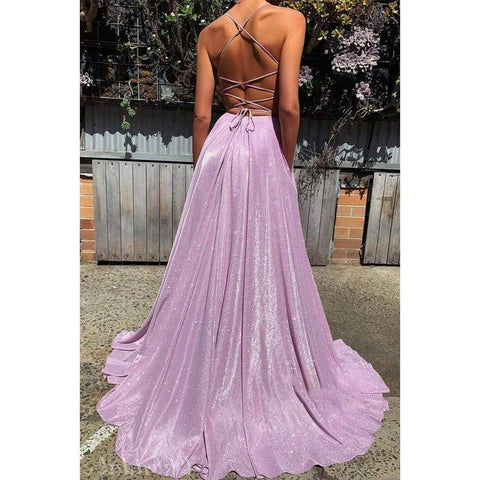 A-line Deep V Neck Lavender Sparkly Prom Dress with Pockets