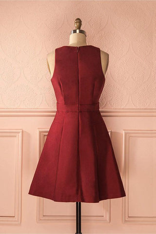 A-Line Deep V-Neck Sleeveless Lace-up Burgundy Satin Homecoming Dress PD386