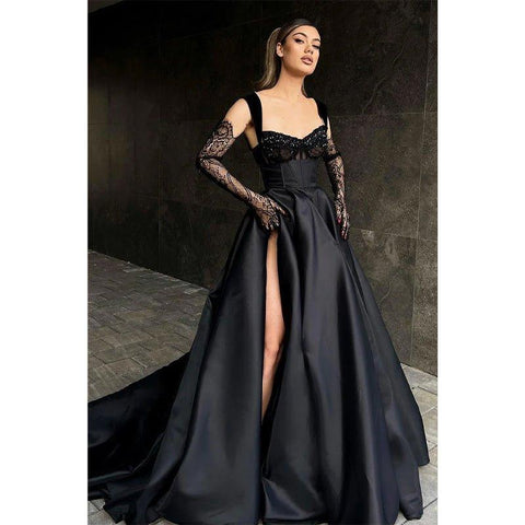 A Line Double Straples Side Slit Black Long Prom Formal Dress