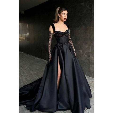 A Line Double Straples Side Slit Black Long Prom Formal Dress