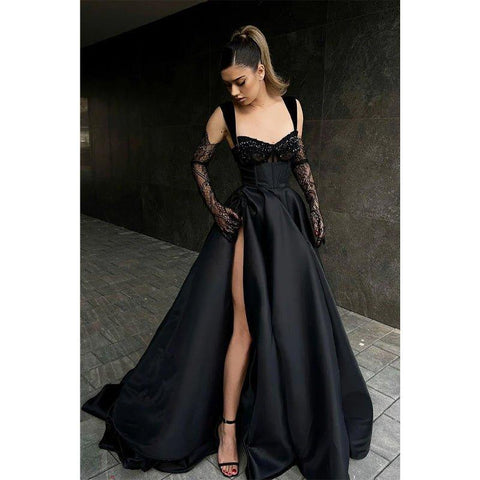 A Line Double Straples Side Slit Black Long Prom Formal Dress