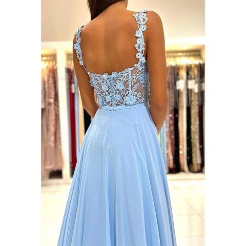 A Line Double Straps Lace Long Prom Formal Dress