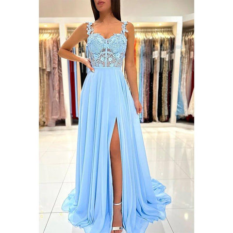 A Line Double Straps Lace Long Prom Formal Dress