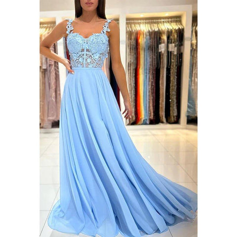 A Line Double Straps Lace Long Prom Formal Dress